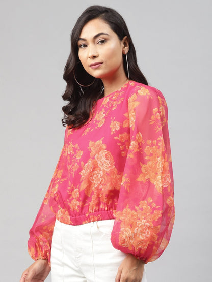 Women's Fuchsia Floral Balloon Sleeve Crop Top