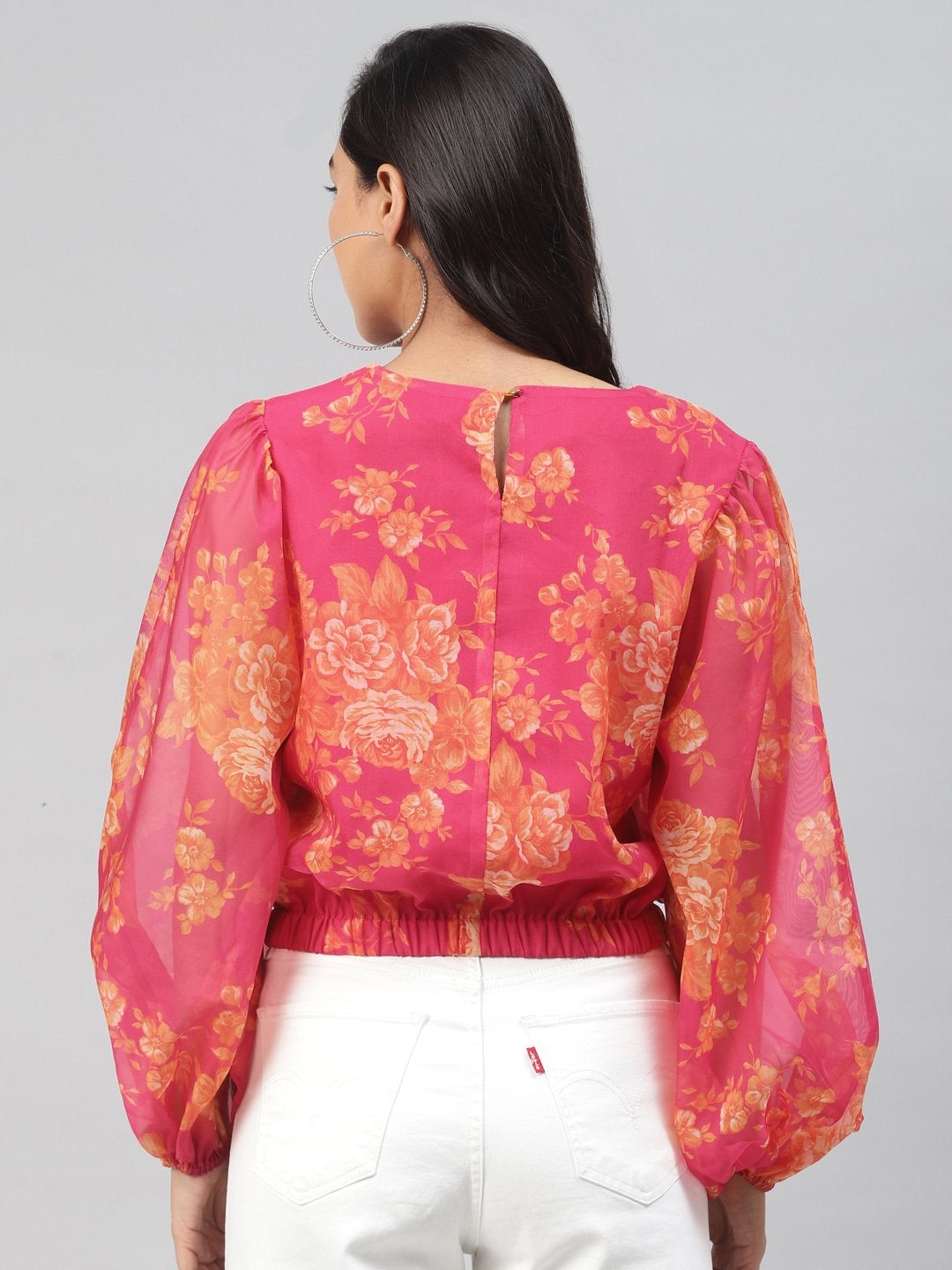 Women's Fuchsia Floral Balloon Sleeve Crop Top