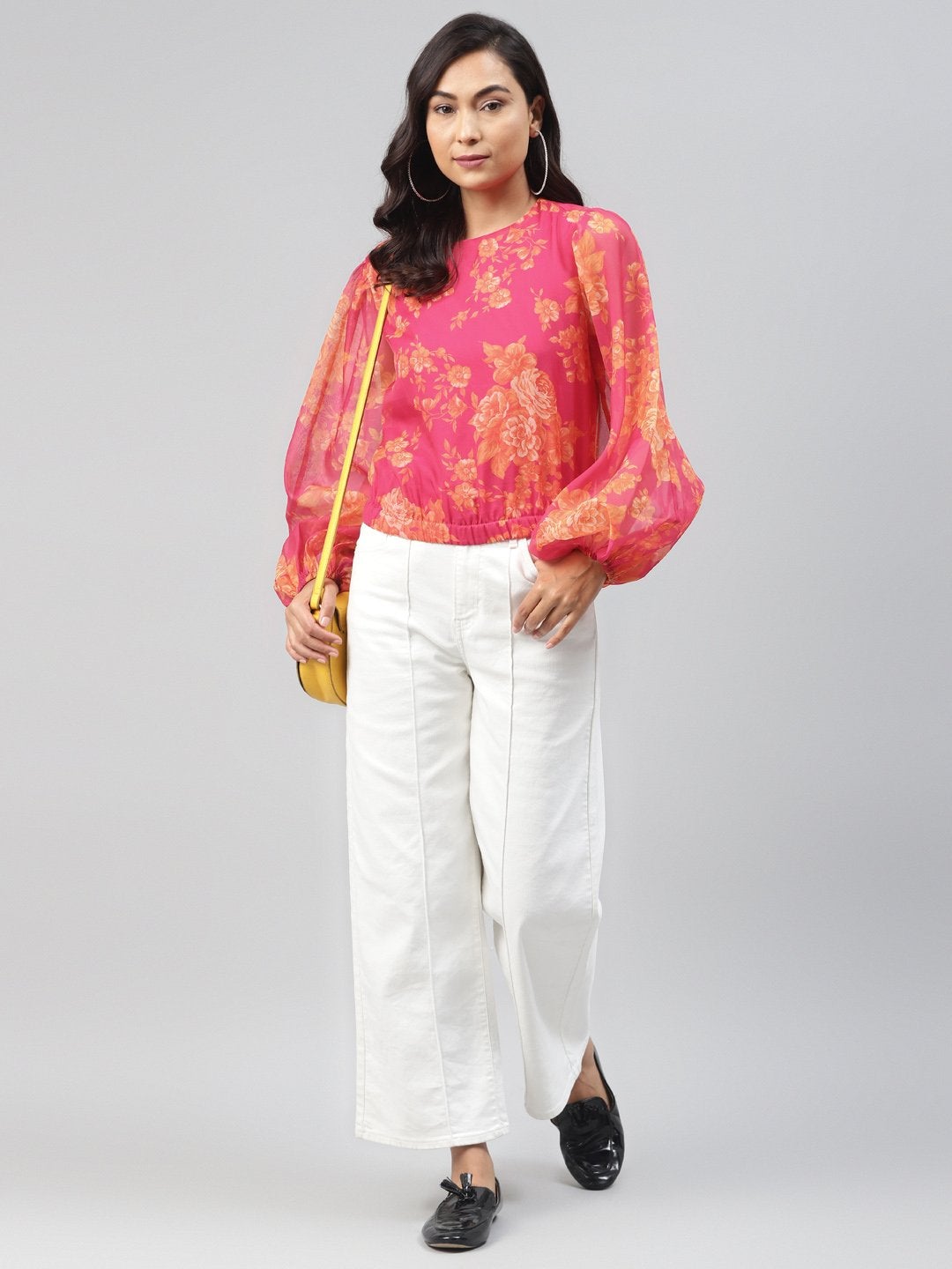 Women's Fuchsia Floral Balloon Sleeve Crop Top