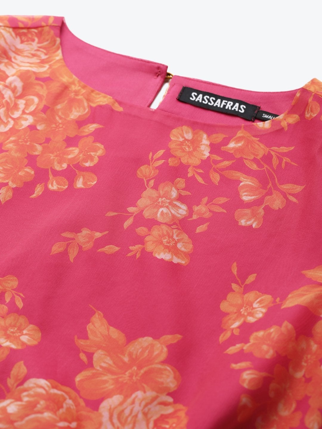 Women's Fuchsia Floral Balloon Sleeve Crop Top