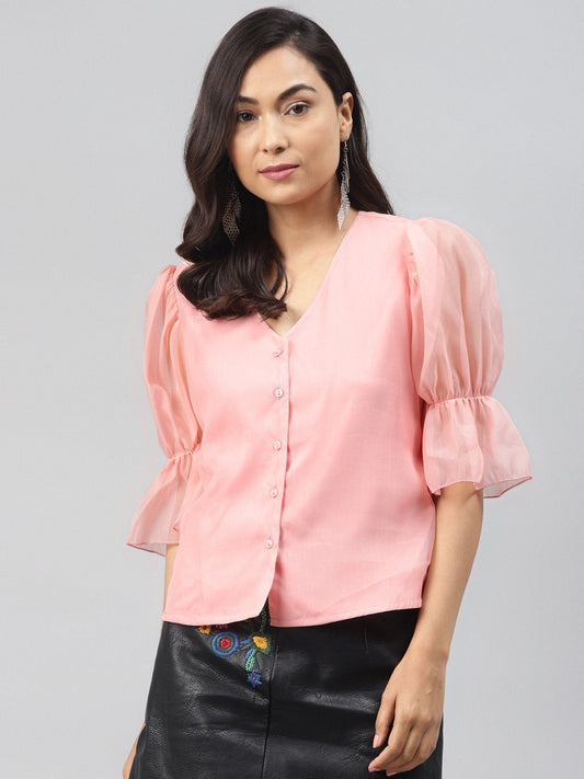 Women's Pastel Pink Front Button Puff Sleeve Top