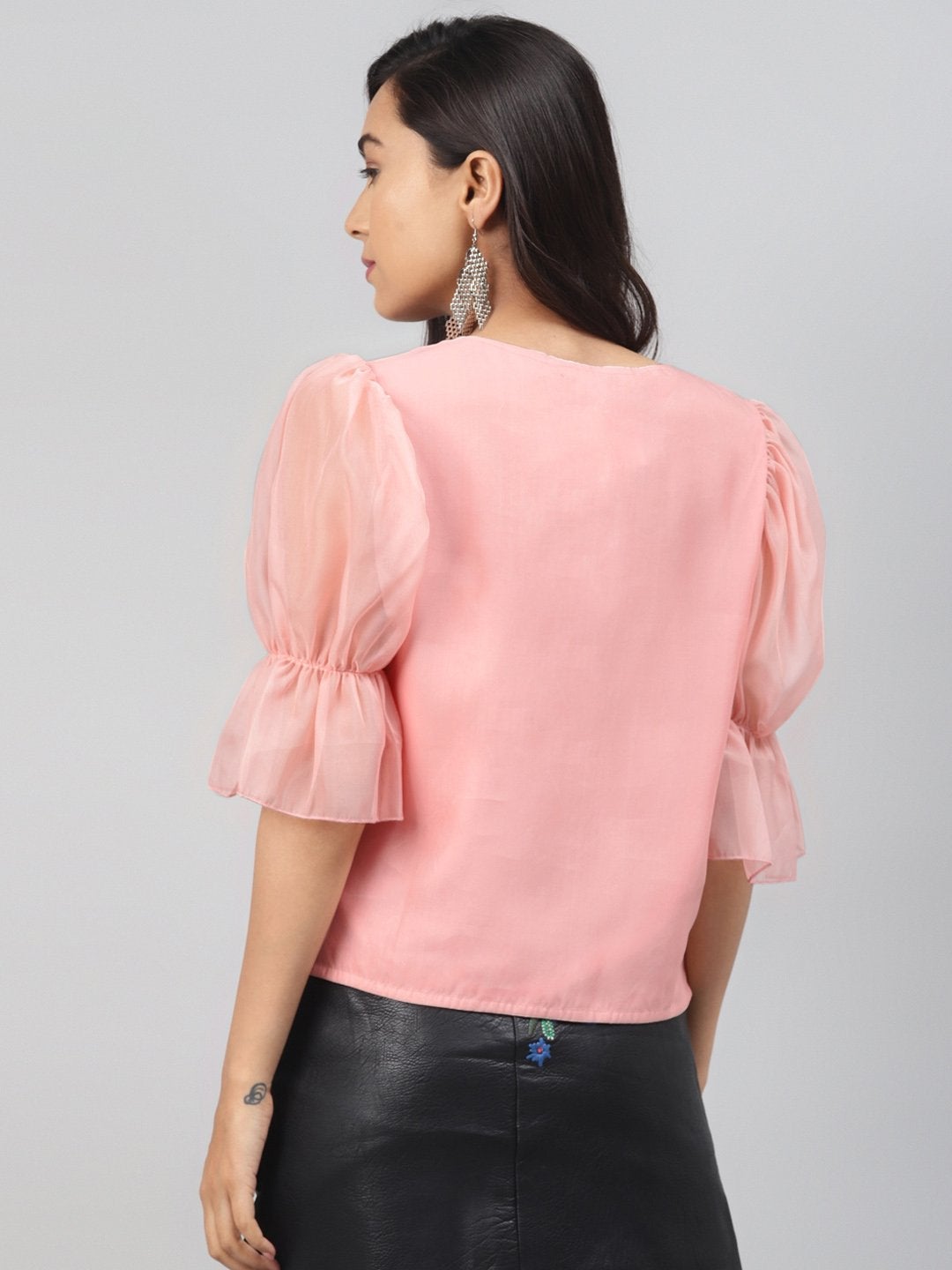 Women's Pastel Pink Front Button Puff Sleeve Top