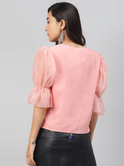 Women's Pastel Pink Front Button Puff Sleeve Top