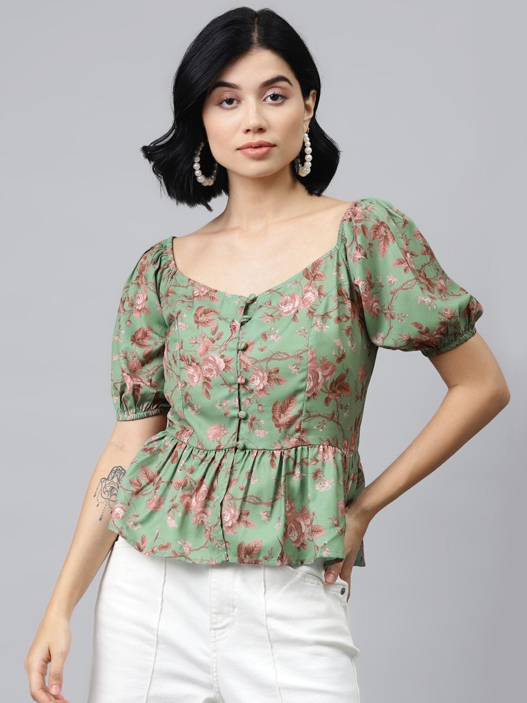 Women's Green Floral Front Button Peplum Top
