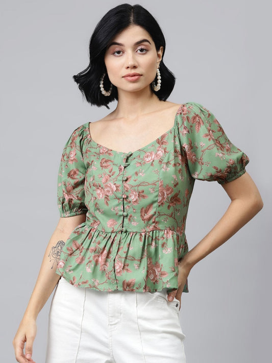 Women's Green Floral Front Button Peplum Top