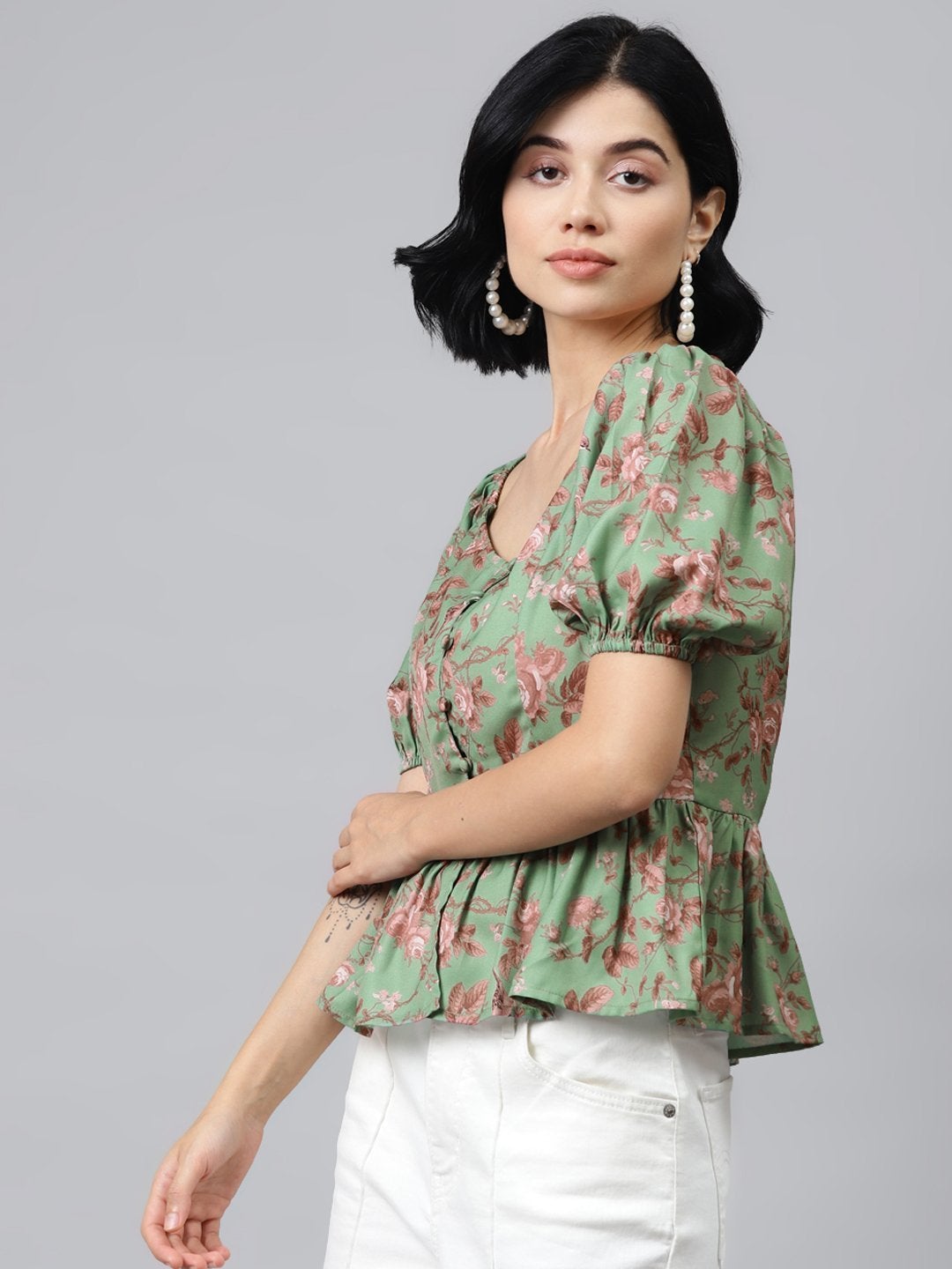 Women's Green Floral Front Button Peplum Top