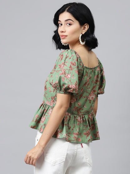 Women's Green Floral Front Button Peplum Top