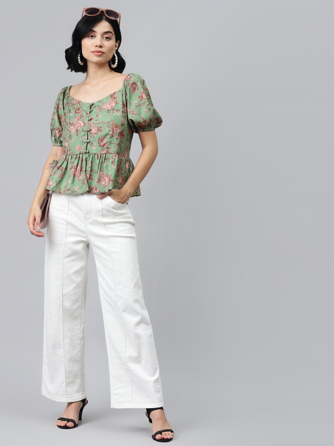 Women's Green Floral Front Button Peplum Top