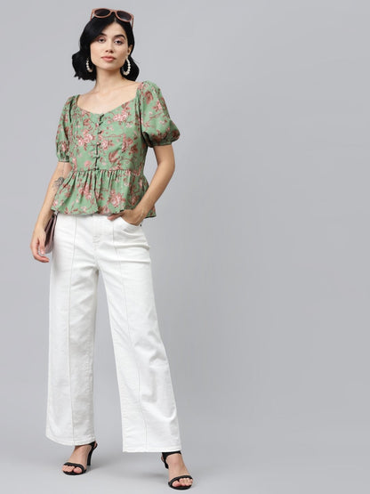 Women's Green Floral Front Button Peplum Top