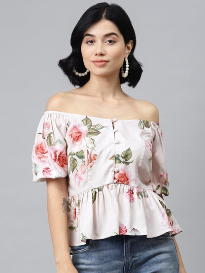 Women's Nude Floral Front Button Peplum Top