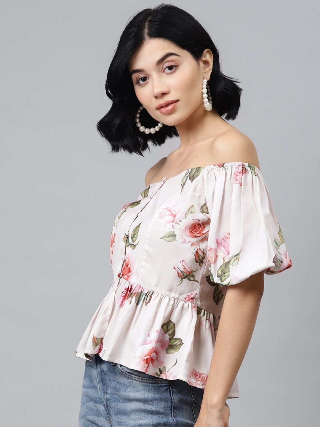 Women's Nude Floral Front Button Peplum Top