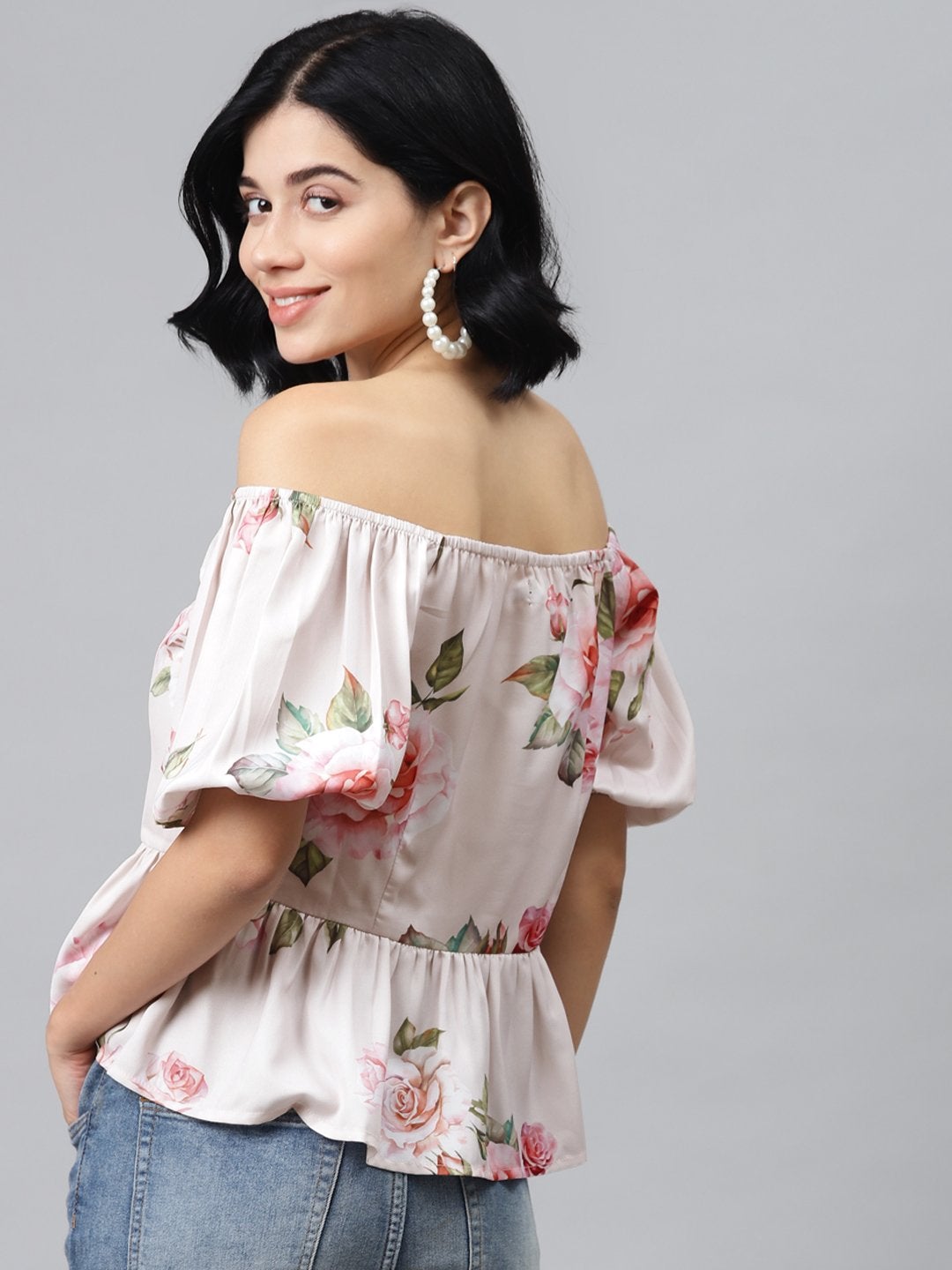 Women's Nude Floral Front Button Peplum Top