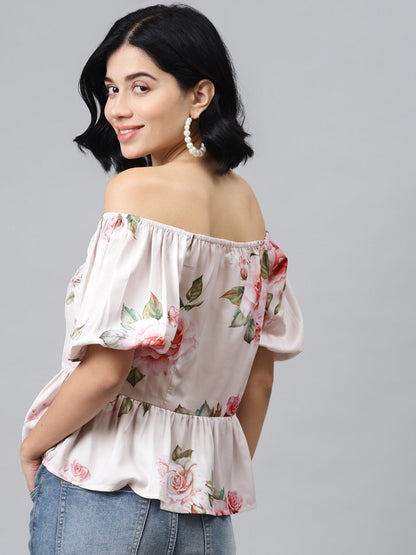 Women's Nude Floral Front Button Peplum Top