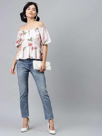 Women's Nude Floral Front Button Peplum Top