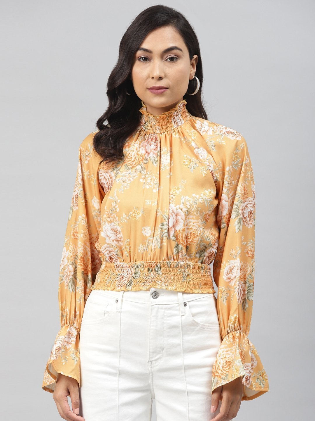 Women's Mustard Floral Smocking Detail Crop Top