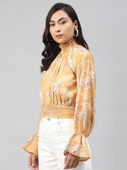 Women's Mustard Floral Smocking Detail Crop Top