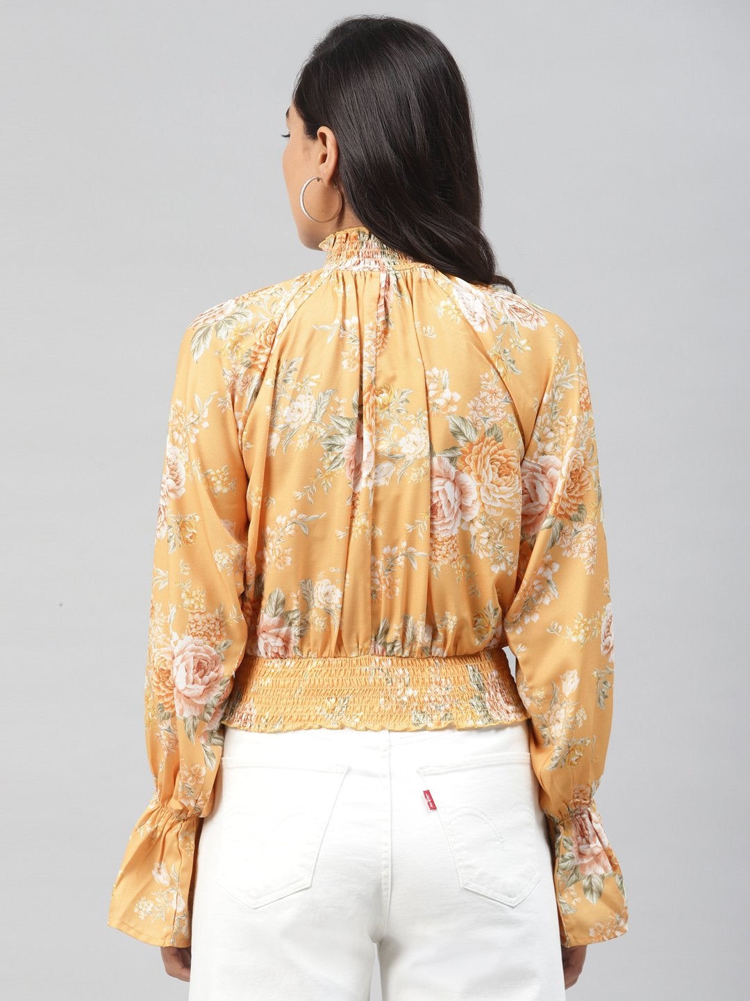 Women's Mustard Floral Smocking Detail Crop Top