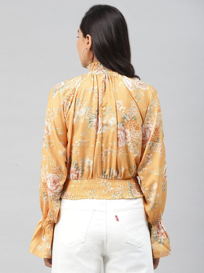 Women's Mustard Floral Smocking Detail Crop Top