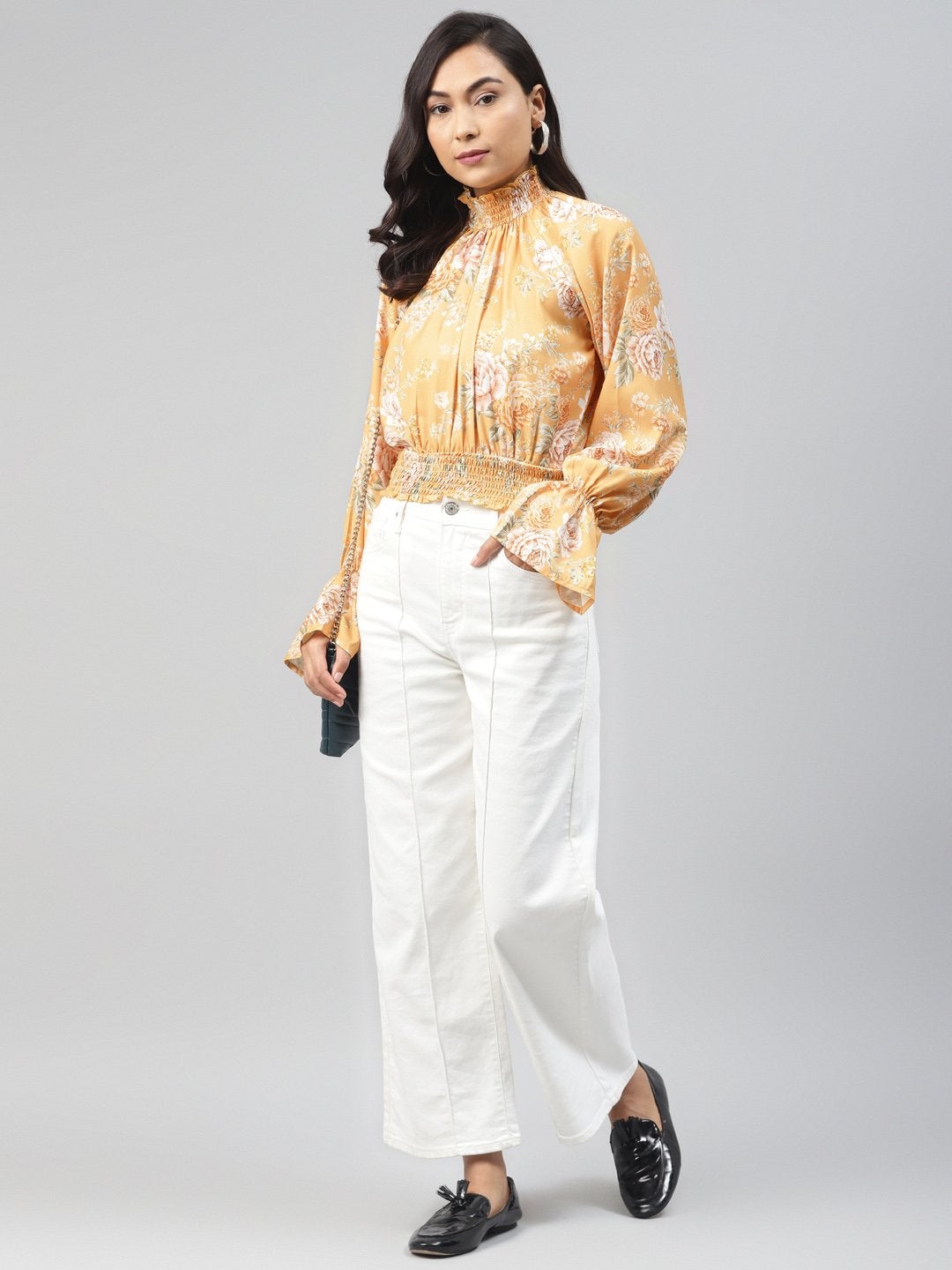 Women's Mustard Floral Smocking Detail Crop Top