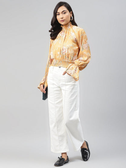 Women's Mustard Floral Smocking Detail Crop Top