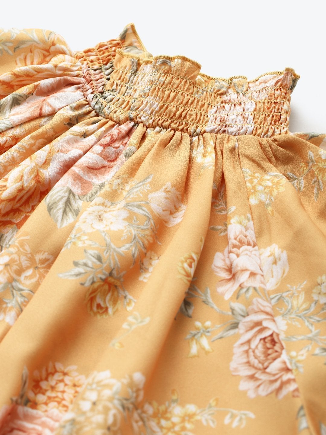 Women's Mustard Floral Smocking Detail Crop Top