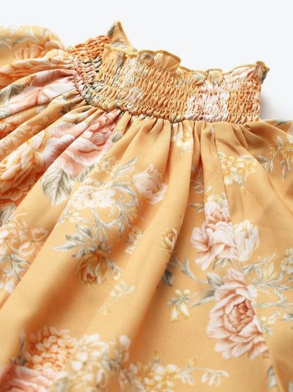 Women's Mustard Floral Smocking Detail Crop Top