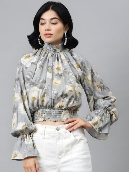 Women's Grey Floral Smocking Detail Crop Top