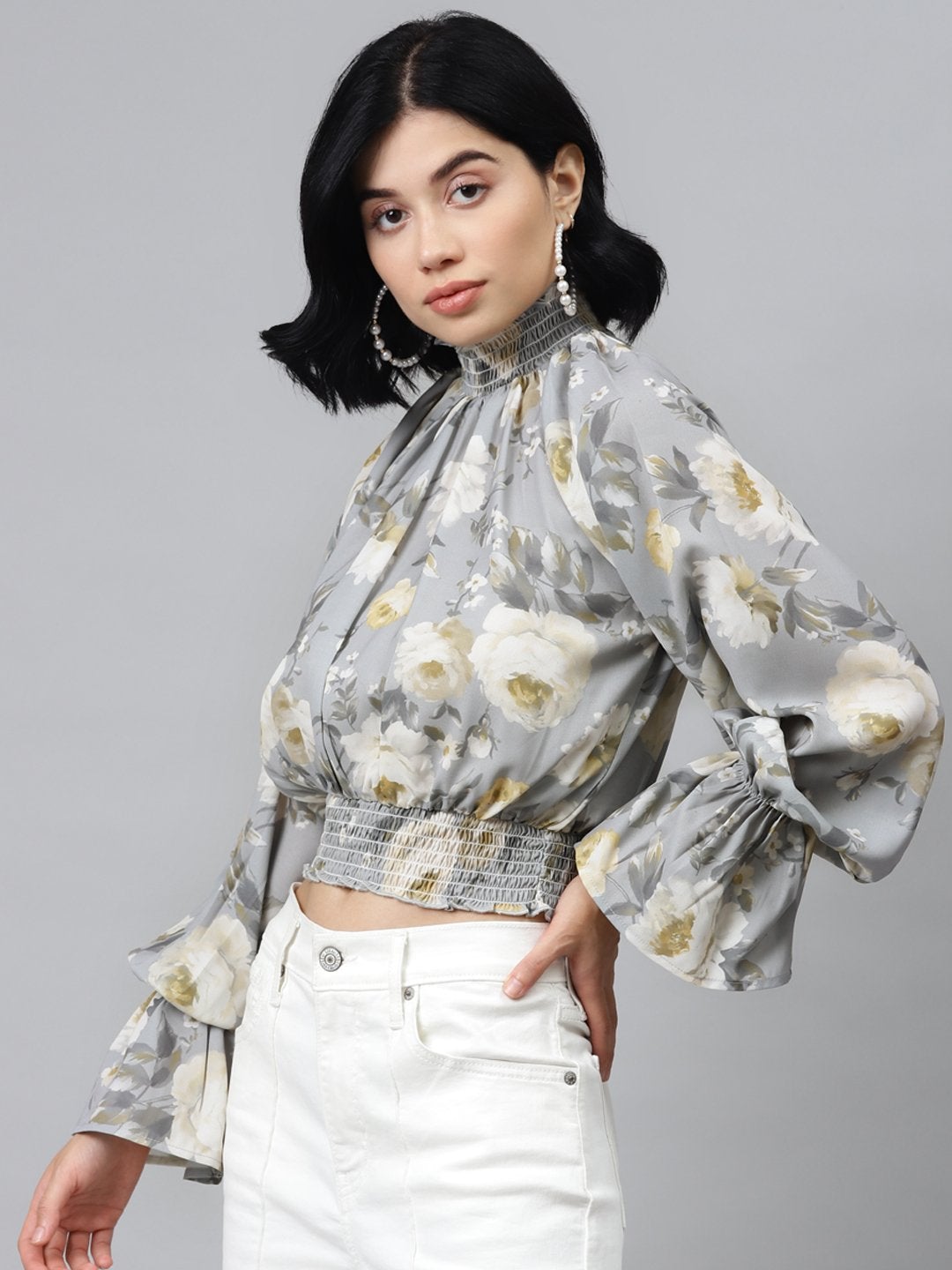 Women's Grey Floral Smocking Detail Crop Top