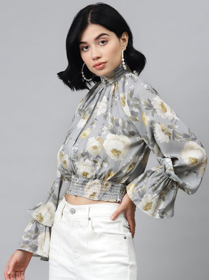 Women's Grey Floral Smocking Detail Crop Top