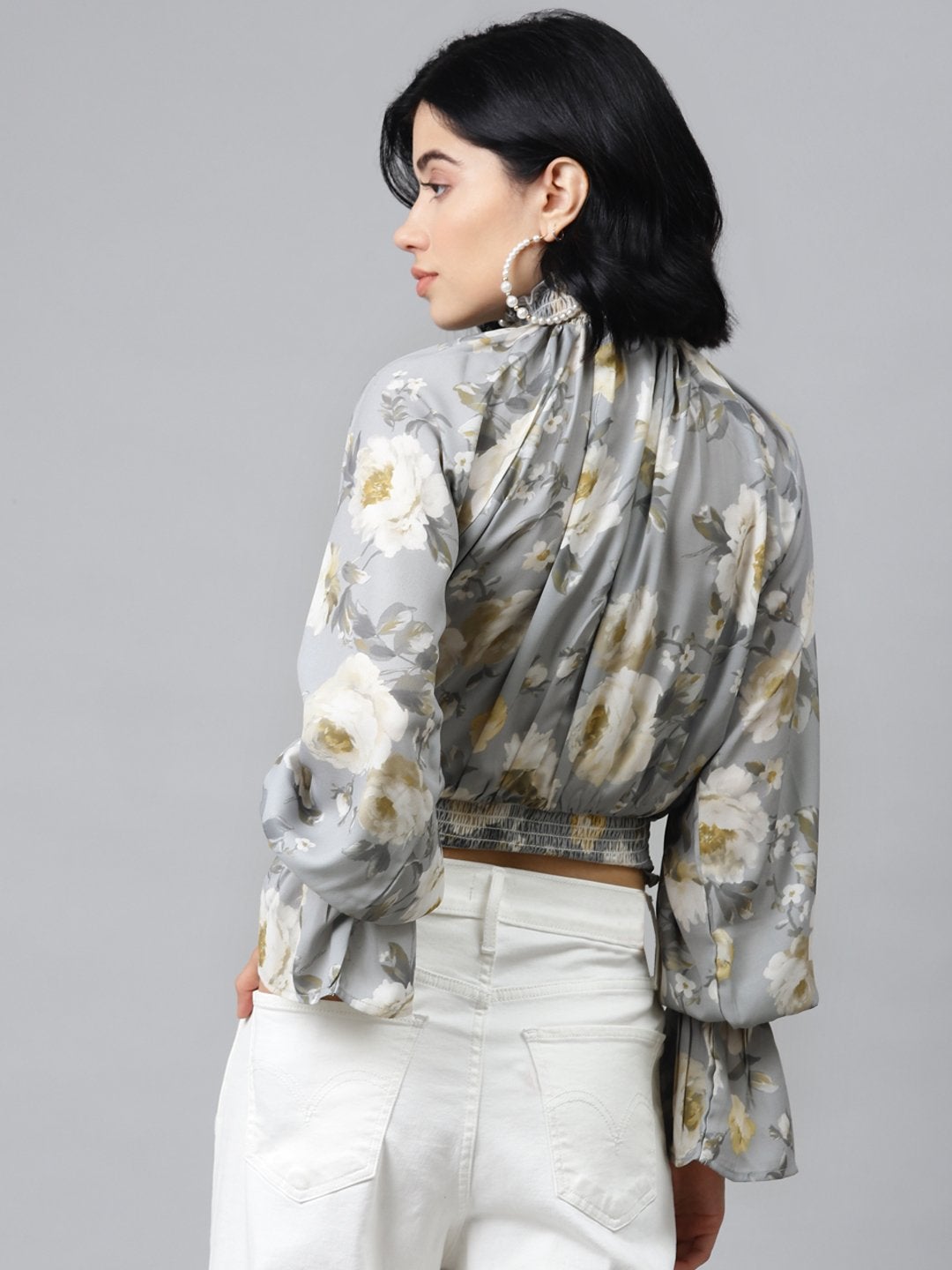 Women's Grey Floral Smocking Detail Crop Top