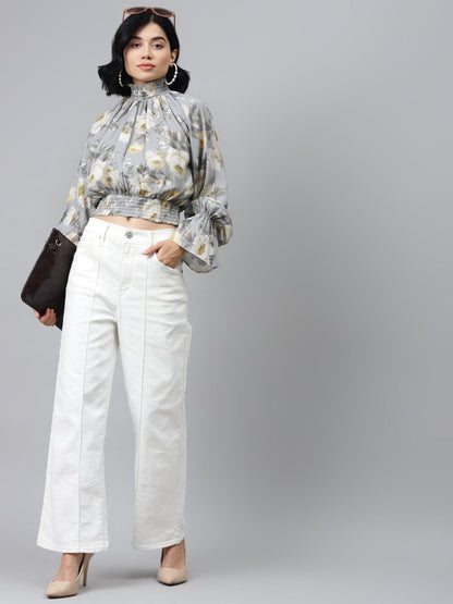 Women's Grey Floral Smocking Detail Crop Top
