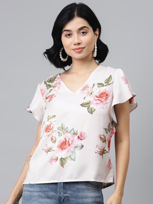 Women's Nude Floral Flared Sleeve Top