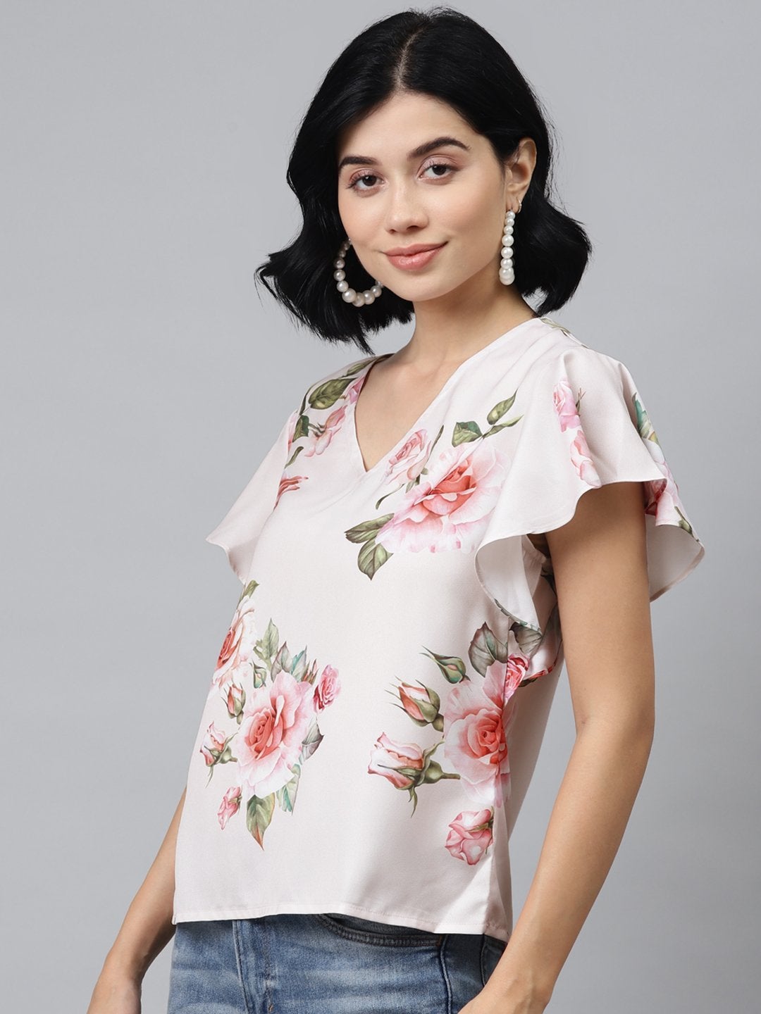 Women's Nude Floral Flared Sleeve Top