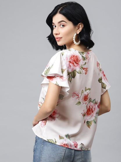 Women's Nude Floral Flared Sleeve Top