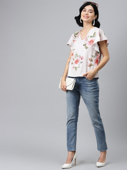 Women's Nude Floral Flared Sleeve Top