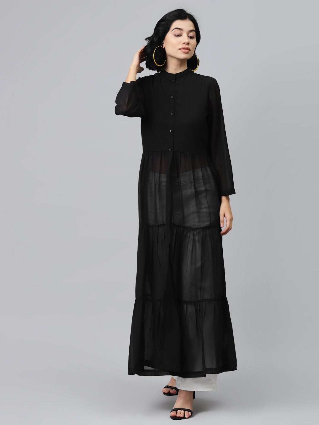 Women's Black Front Open Sheer Tiered Maxi Top
