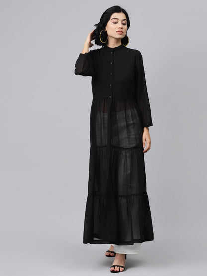 Women's Black Front Open Sheer Tiered Maxi Top
