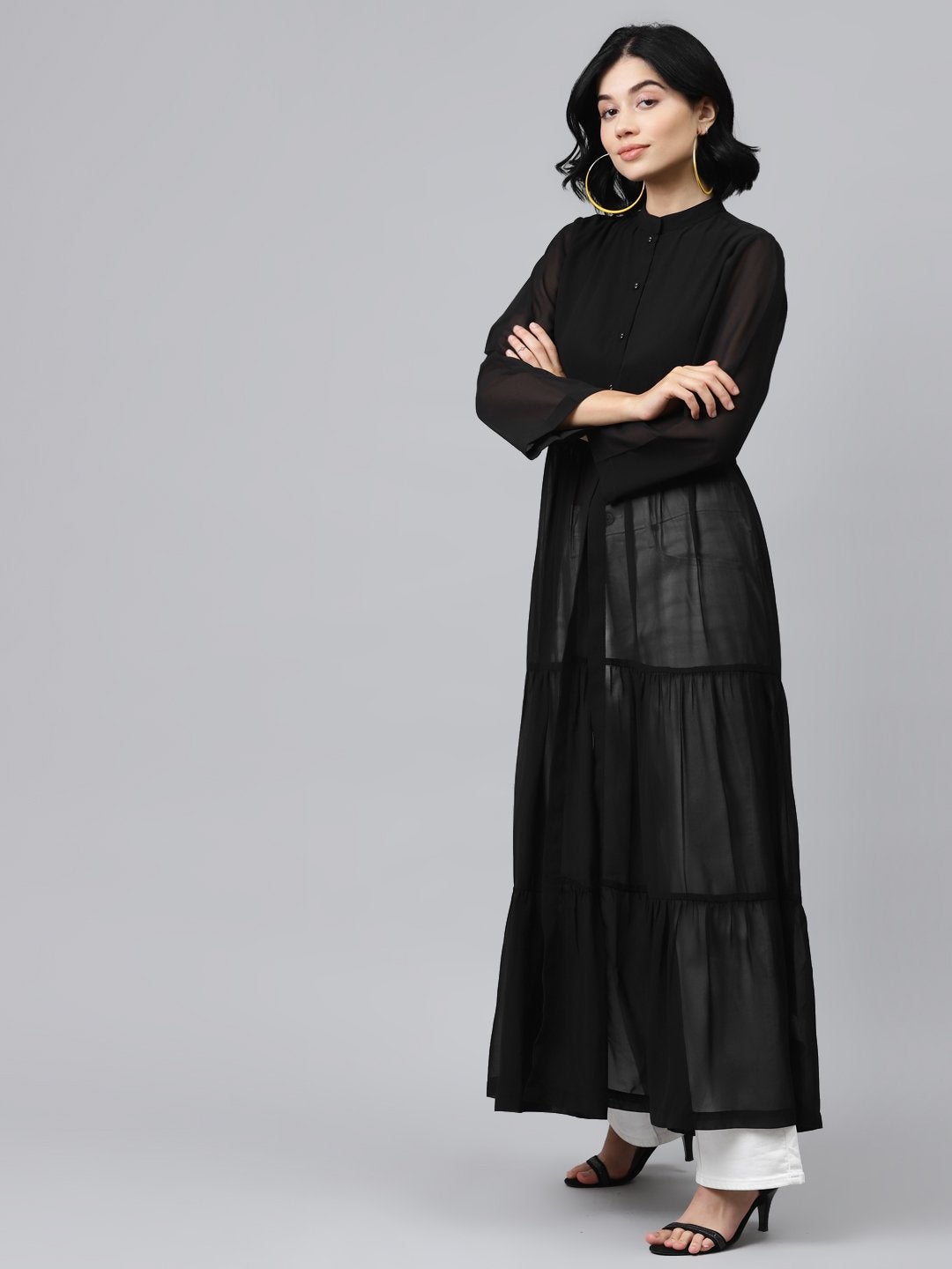 Women's Black Front Open Sheer Tiered Maxi Top