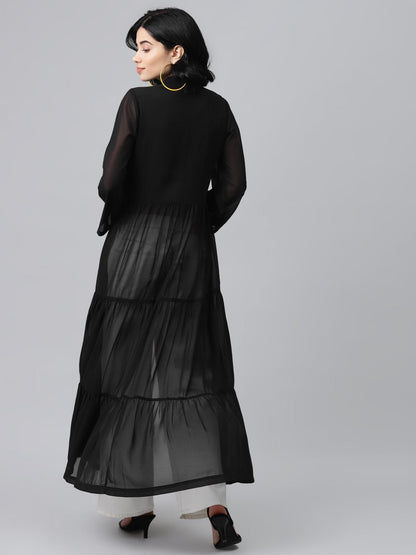 Women's Black Front Open Sheer Tiered Maxi Top