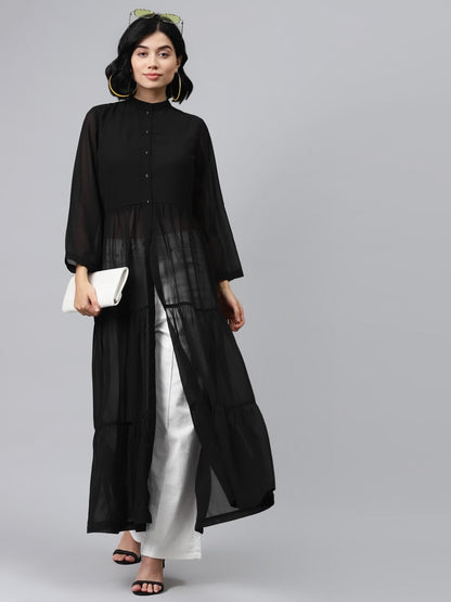 Women's Black Front Open Sheer Tiered Maxi Top