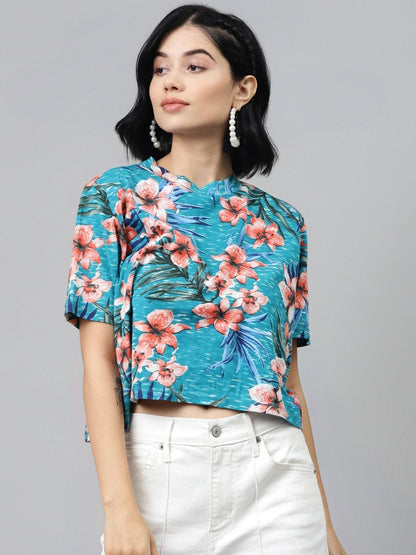 Women's Blue Floral Boxy Crop Top