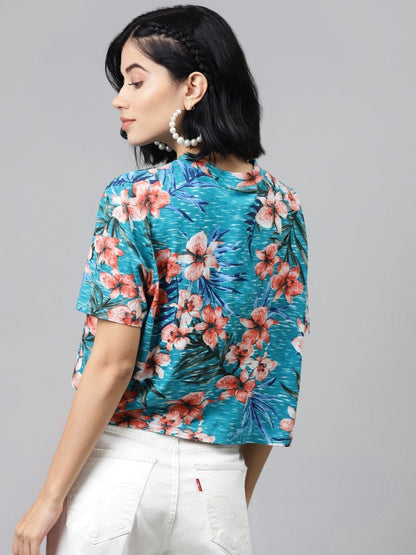 Women's Blue Floral Boxy Crop Top