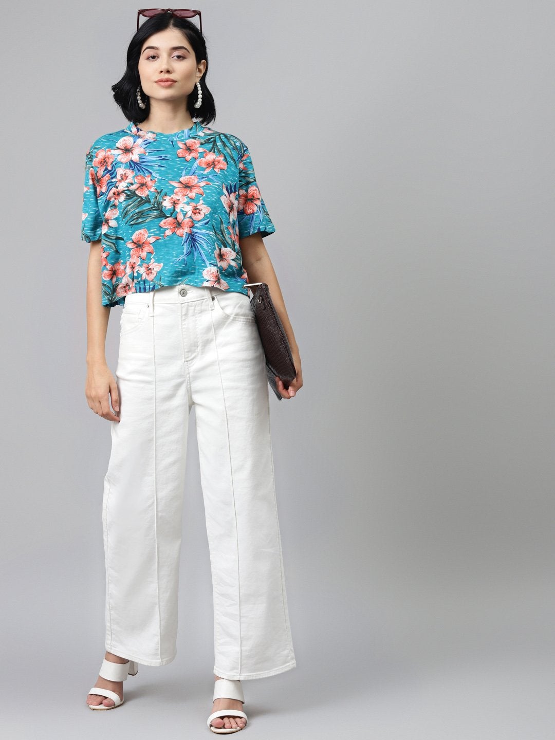 Women's Blue Floral Boxy Crop Top