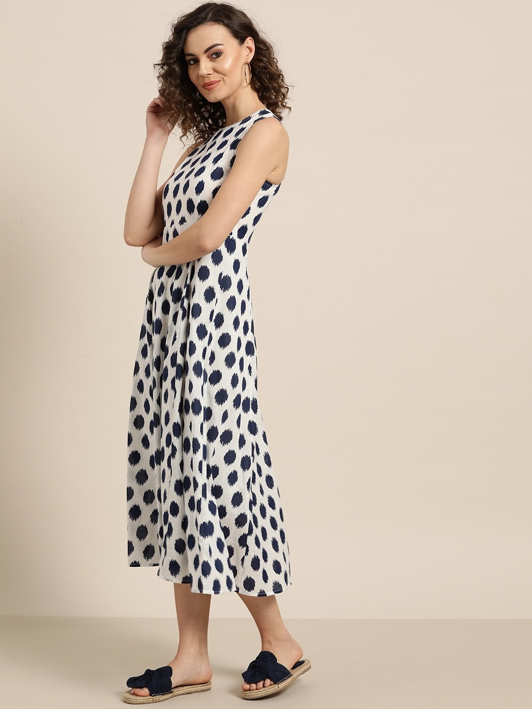 Women's Navy Polka Deep Cut Sleeveless Dress