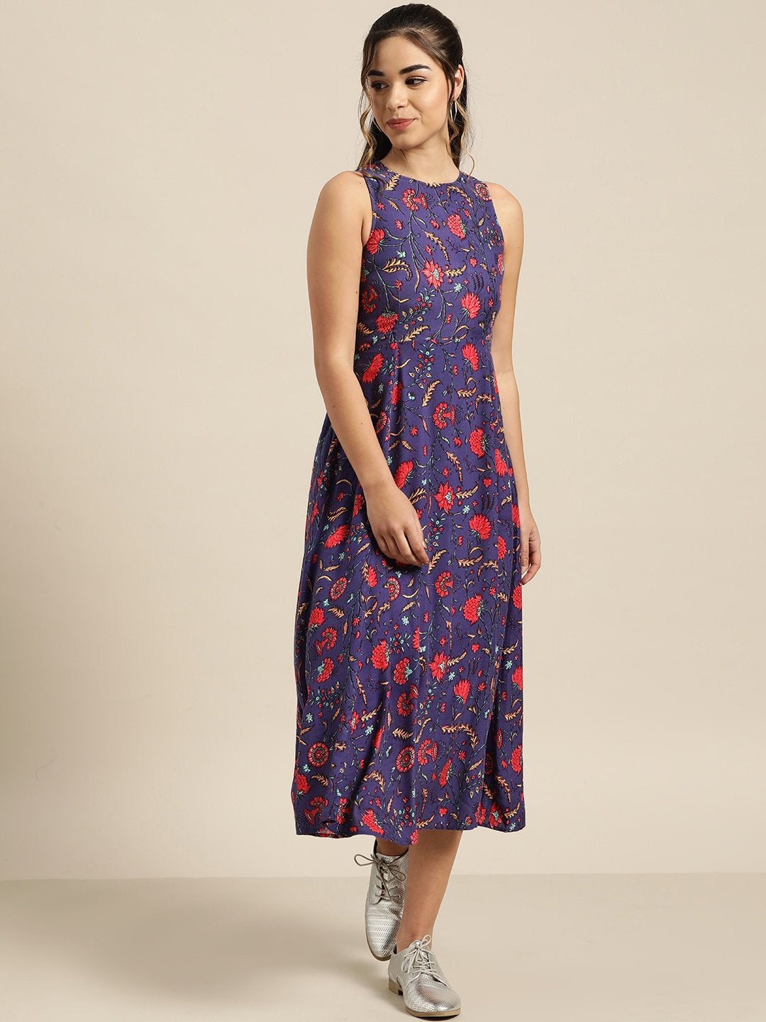 Women's Purple Floral Deep Cut Sleeveless Dress