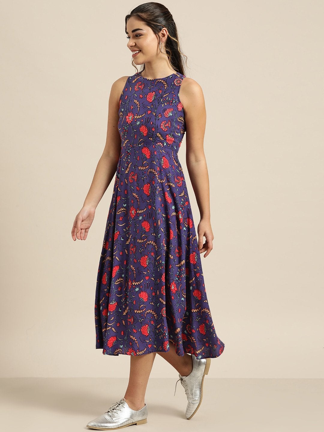 Women's Purple Floral Deep Cut Sleeveless Dress