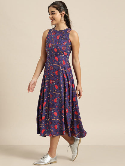Women's Purple Floral Deep Cut Sleeveless Dress
