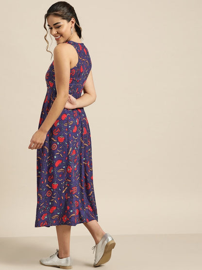 Women's Purple Floral Deep Cut Sleeveless Dress