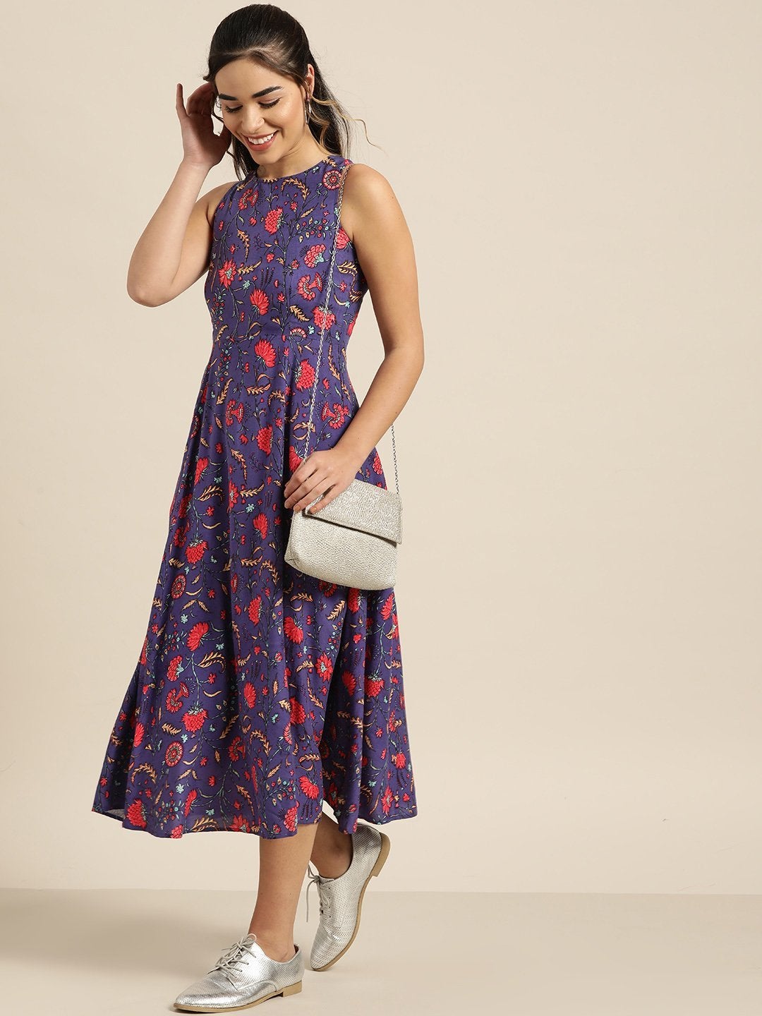 Women's Purple Floral Deep Cut Sleeveless Dress