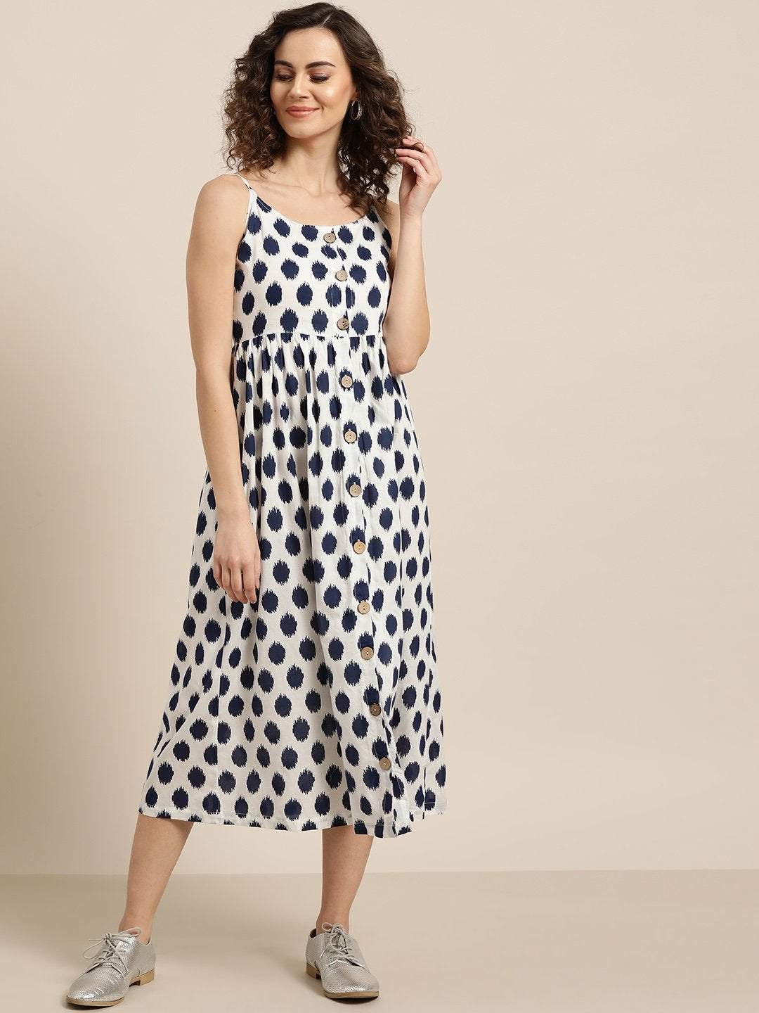 Women's Navy Polka Strappy Front Button Dress